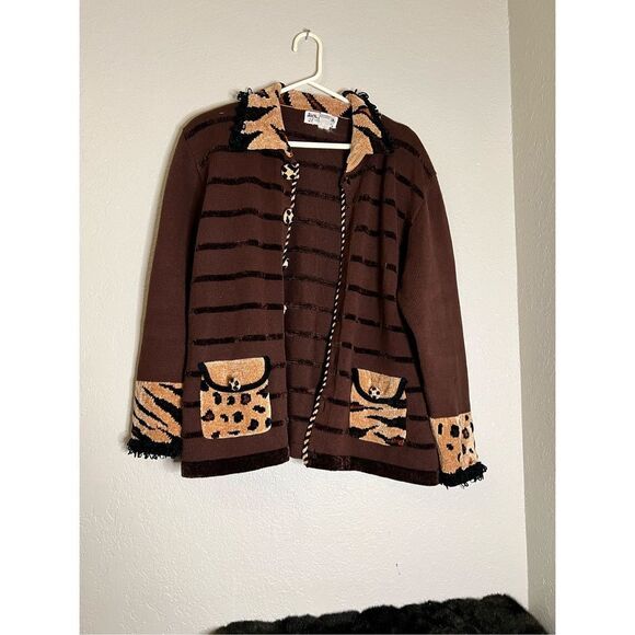 Jack B Quick Cardigan Sweater Womens 3x Brown Cheetah Button-up - Picture 1 of 5
